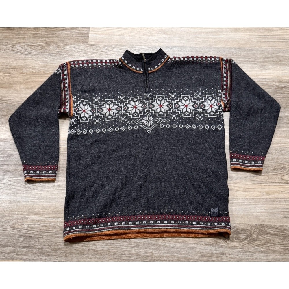 DALE OF NORWAY Dark Gray/ White 1/4 Zip Fair Isle 100% Wool Knit Sweater Size XL